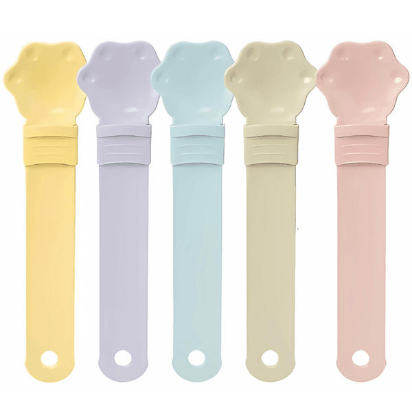 five cat feeder spoons yellow purple blue beige and pink