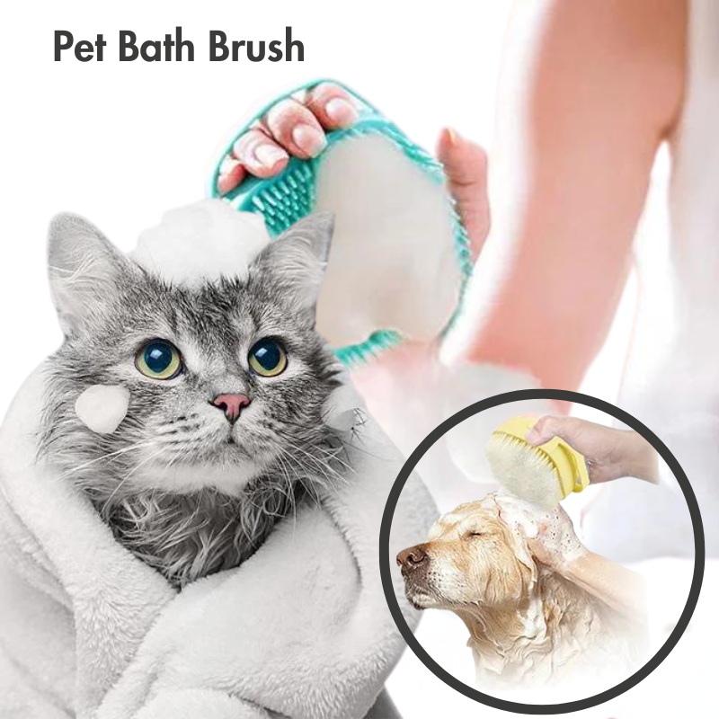 a hand holding the blue bath brush full of foam giving a cat a bath and a hand holding the yellow bath brush giving a dog a bath 