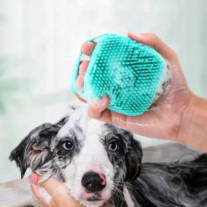 a hand holding the blue bath brush full of foam giving a dog a bath